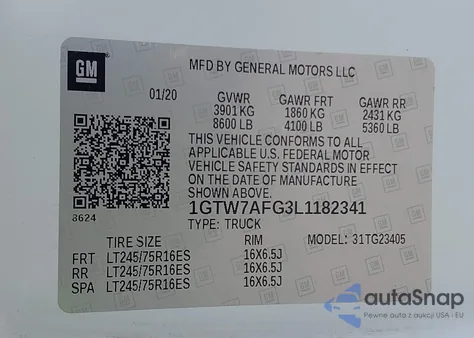 2020 GMC Savana Cargo Rwd 2500 Regular Wheelbase Work Van z USA, uszkodzony, nr VIN 1GTW7AFG3L1182341